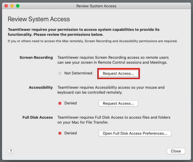 mac system preferences to allow teamviewer access